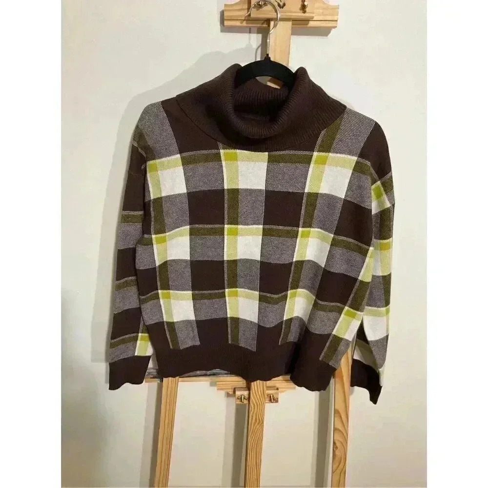 Tahari Plaid Turtleneck Sweater for Women Size Small